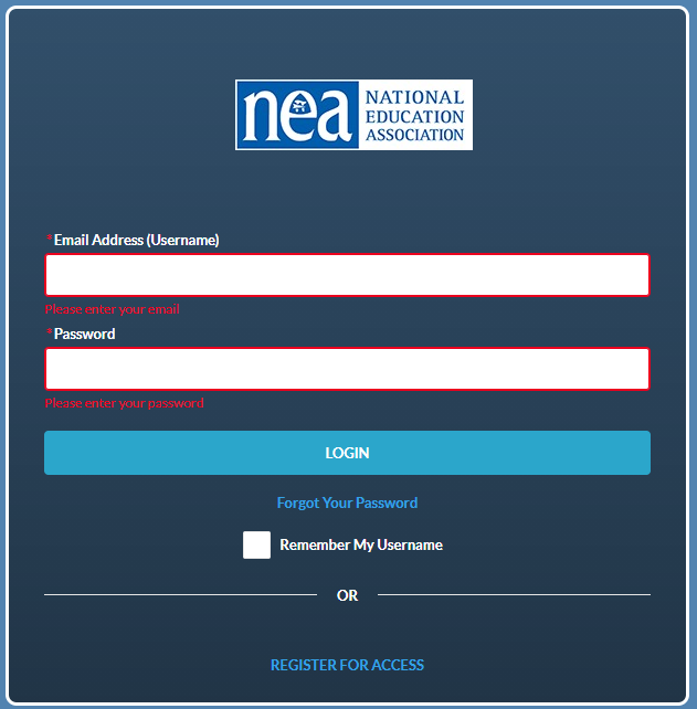 A screenshot of the NEA Ed Communities login screen. The login screen asks for email address and password. Additional options include: "Forgot Your Password," "Remember My Username," and "Register for Access."