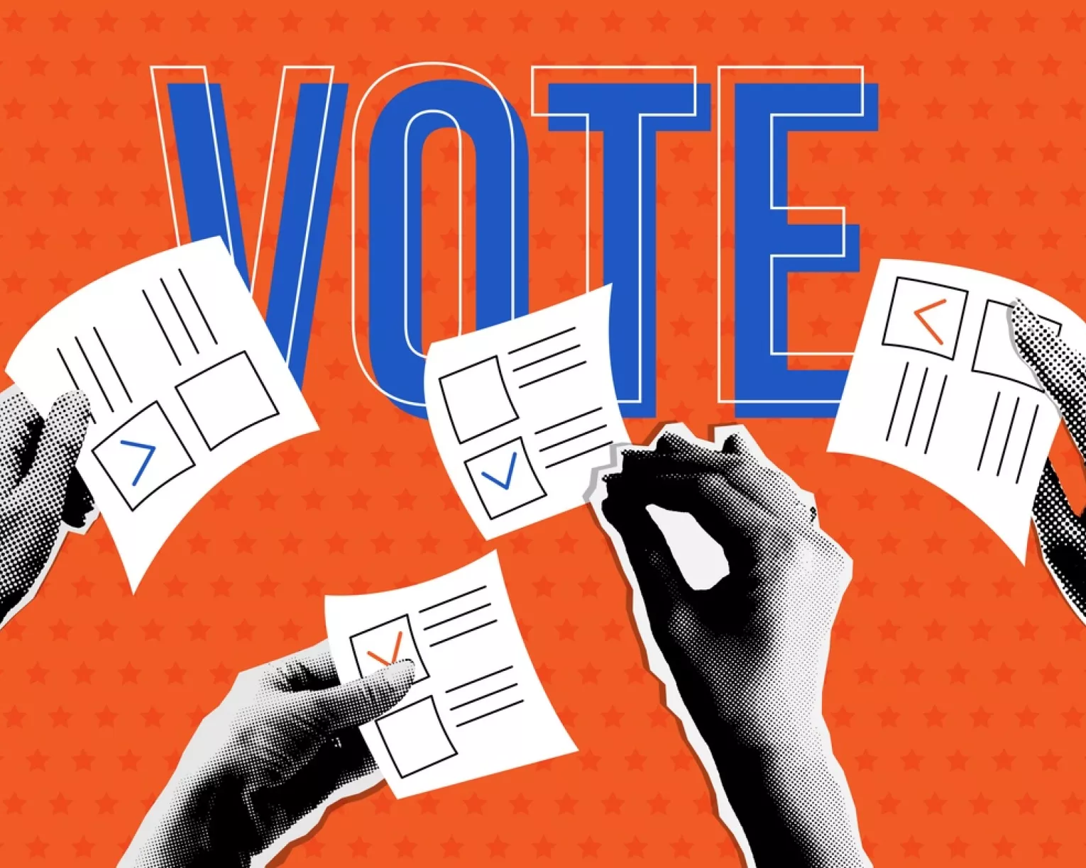 several hands hold completed ballots. An orange background with large blue letters spelling "VOTE"