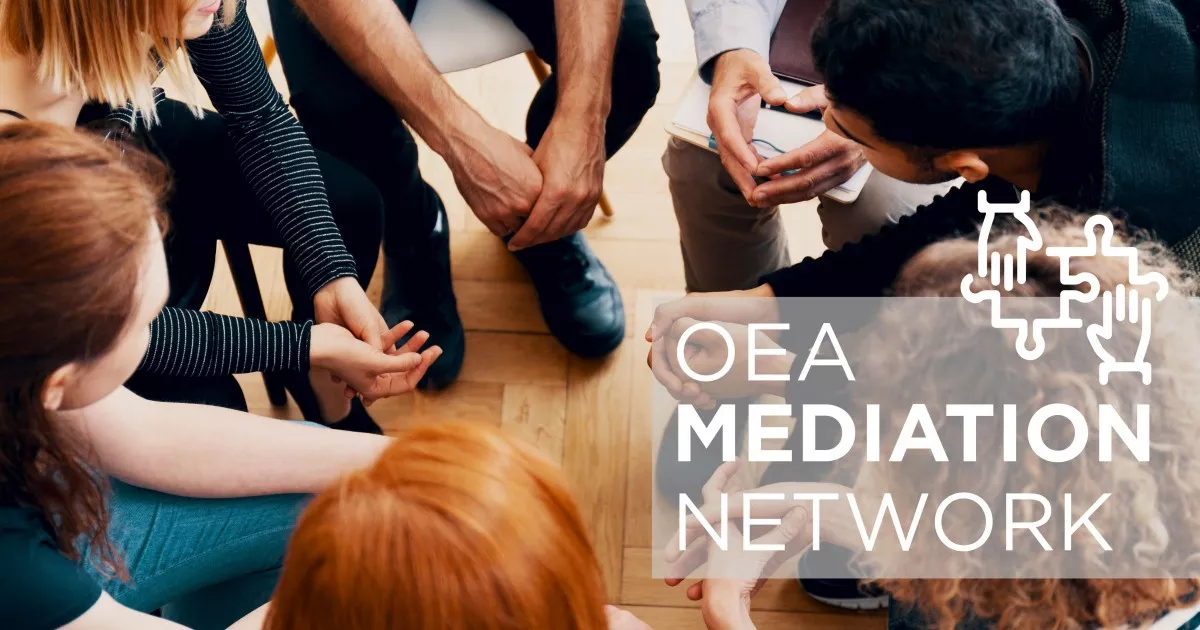 Individuals sit in a circle, leaning in for conversation. The logo "OEA Mediation Network" is in the lower right corner.