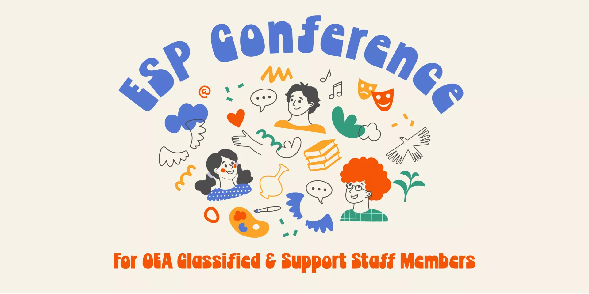 An illustration of educators surrounded by colorful symbols. Text reads: "ESP Conference for OEA Classified and Support Staff Members."