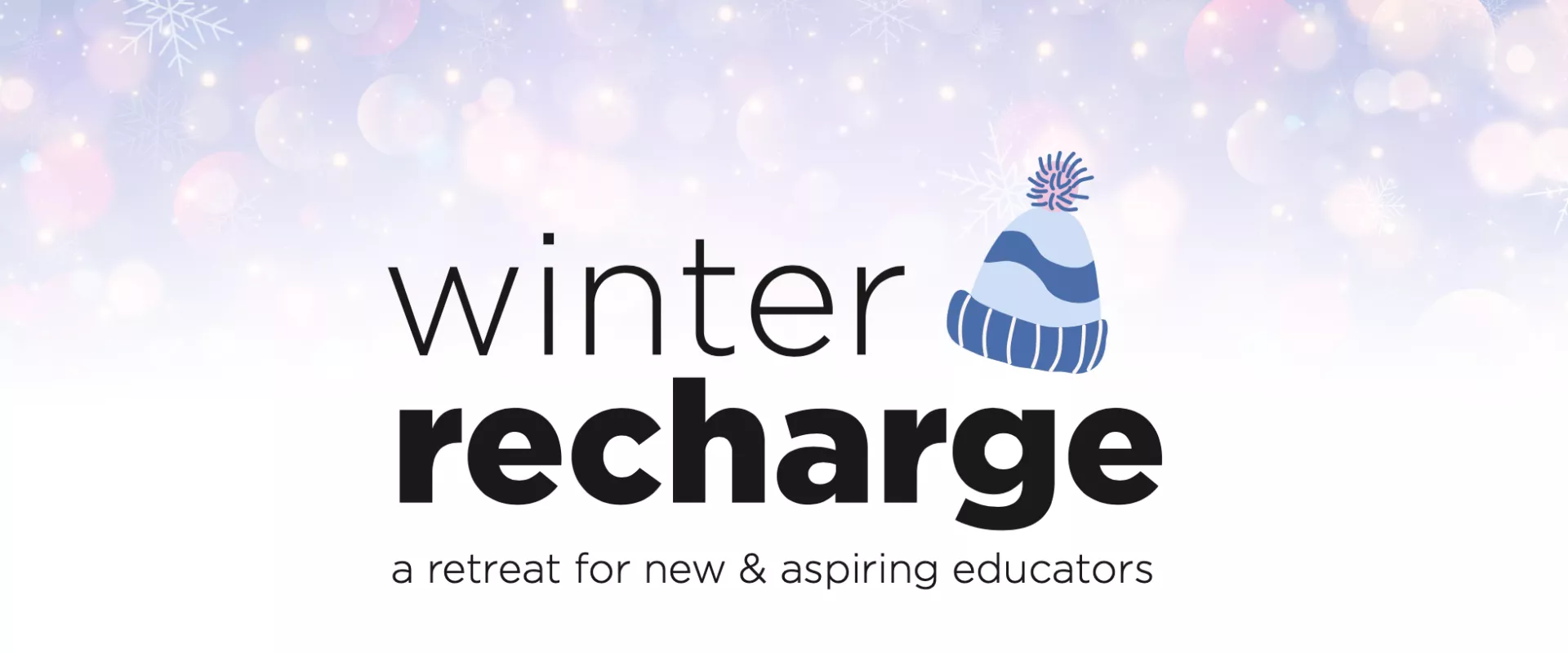 A small knit winter hat sits on top of text reading "winter recharge" with snow in the background.