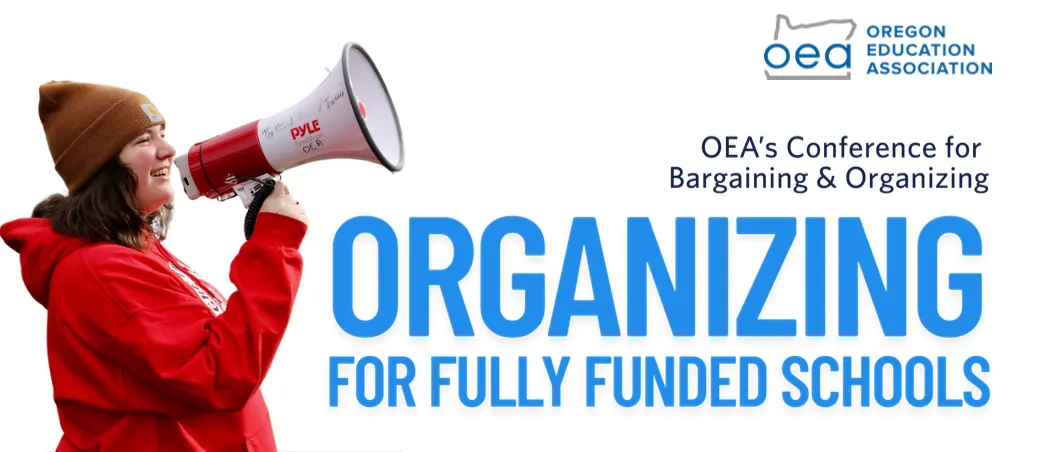 An educator wearing red holds a bullhorn next to text with the conference title