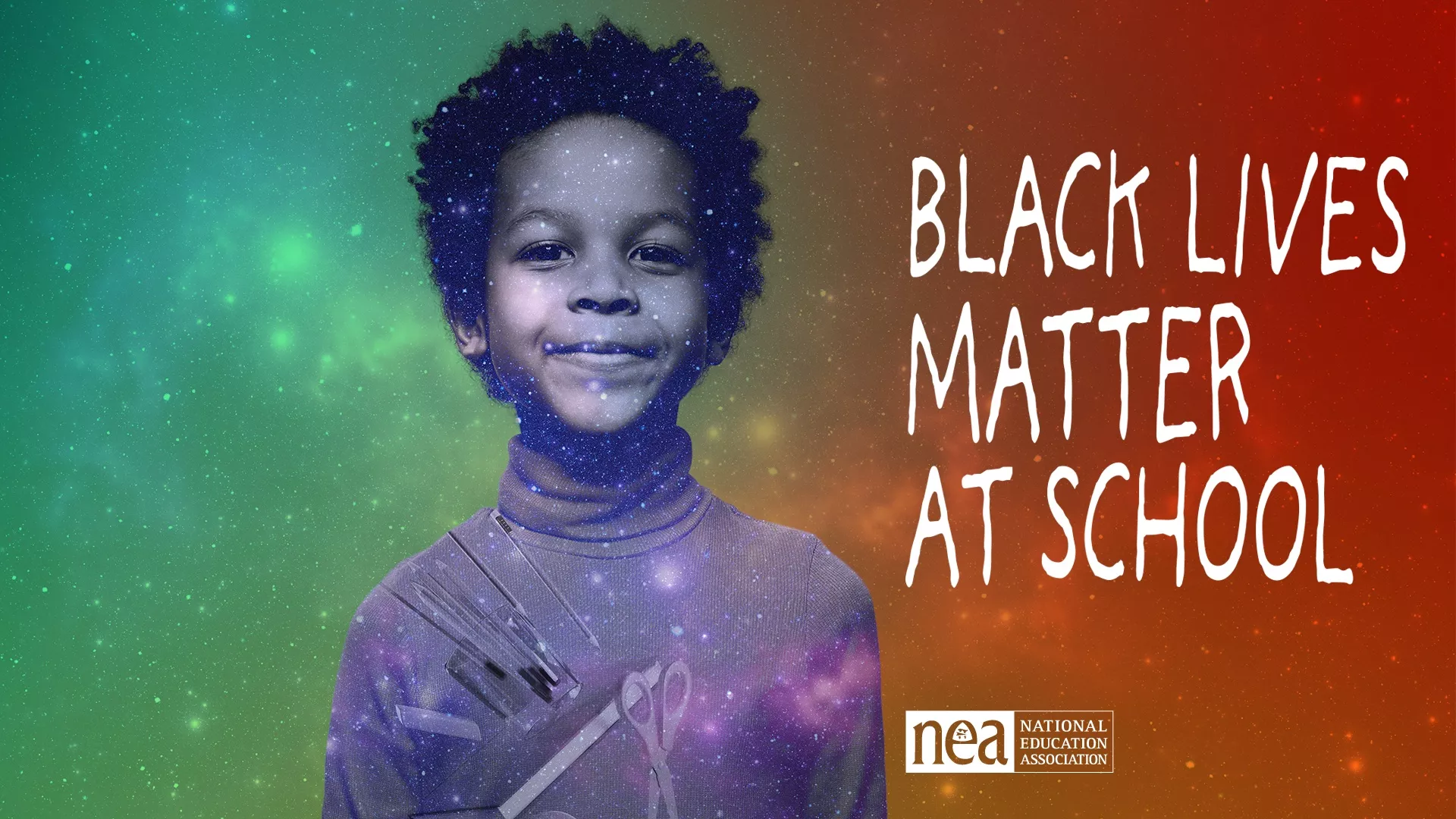 Hero image of a smiling boy with text reading Black Lives Matter at School