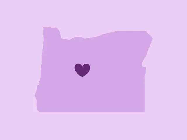 Purple image of shape of Oregon with heart in center of Bend