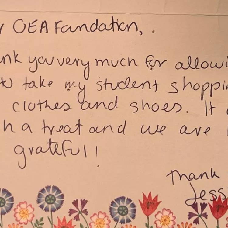 A handwritten thank you note to the OEA Foundation